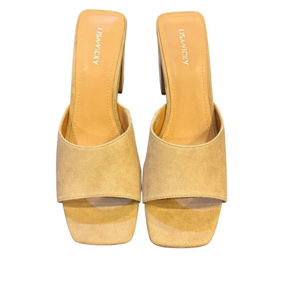 Lisa Vicky Women’s Neutral Tan Suede Slide Chunky Heel Mules sz 9.5